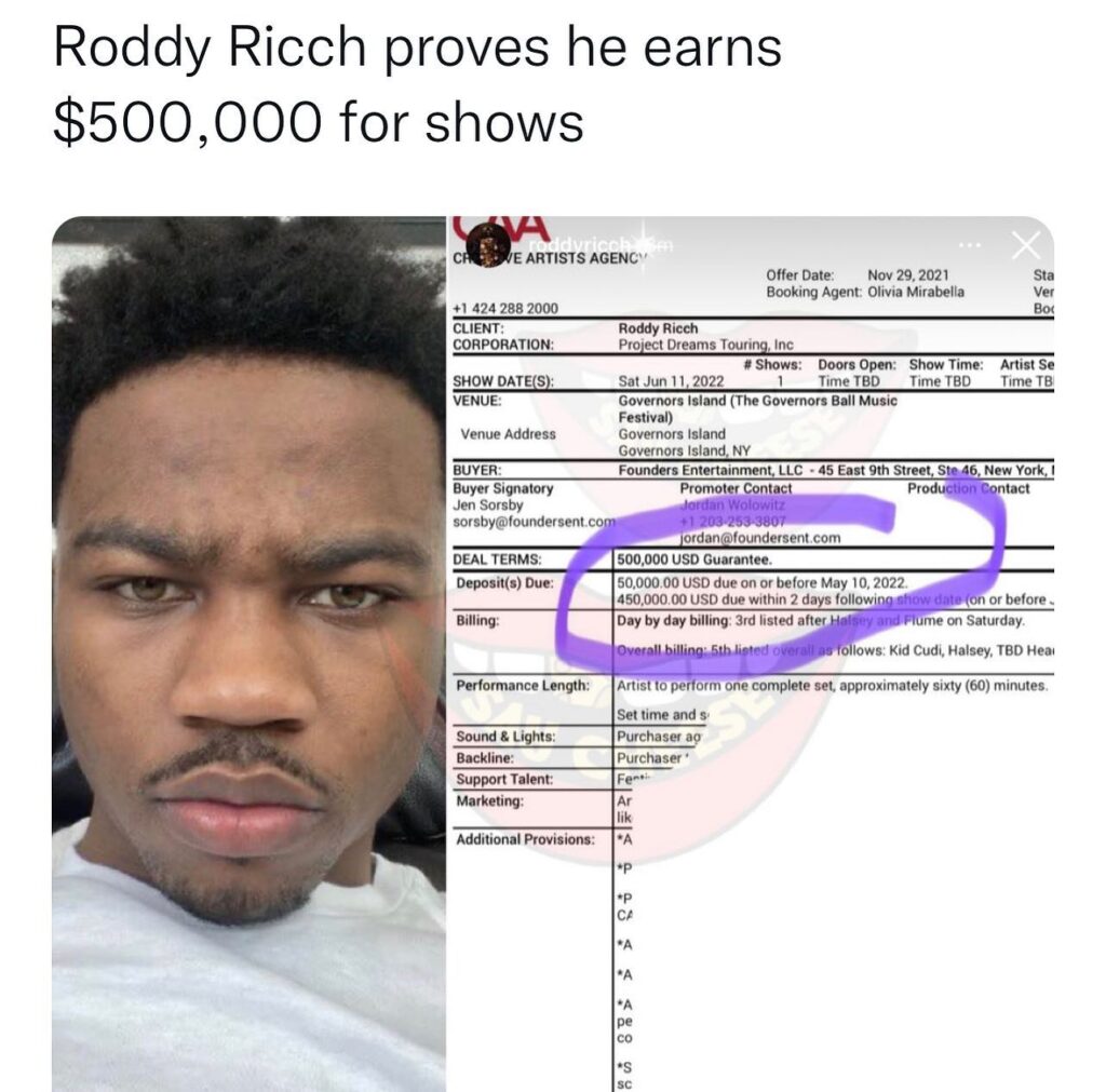 Roddy Ricch California booking fee receipt of 500k
